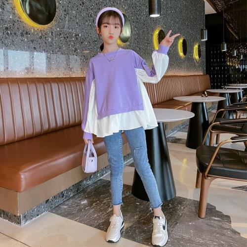 Spring Autumn Kids Clothes for Teen Girls Casual Cotton Tee Tops Long Sleeve Patchwork Sweatshirts For 6 7 8 9 11 13 14Years Old