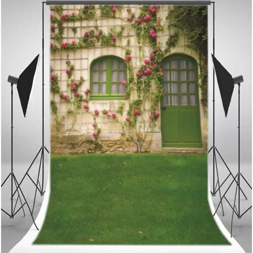 Photography Backdrop Ric House Fresh Flowers Green Vine Grass Field Weathered Brick Wall Green Door Nature