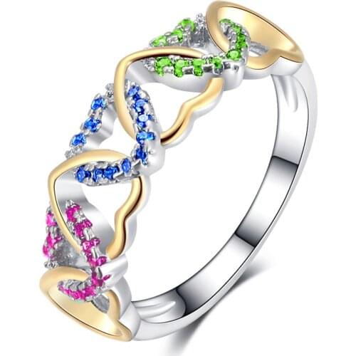 Huitan Band Ring with Love Heart Design Colorful CZ Pave Setting Silver Plated Best Christmas New Year Gift Rings for Women