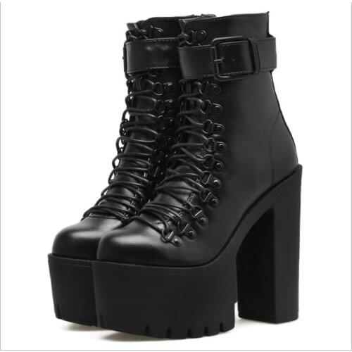 Classic Black Punk Ankle Platform Motorcycle Thick heel Boots Women Lace up Chunky Heel Belt Buckle Pocket Designer Shoes Women
