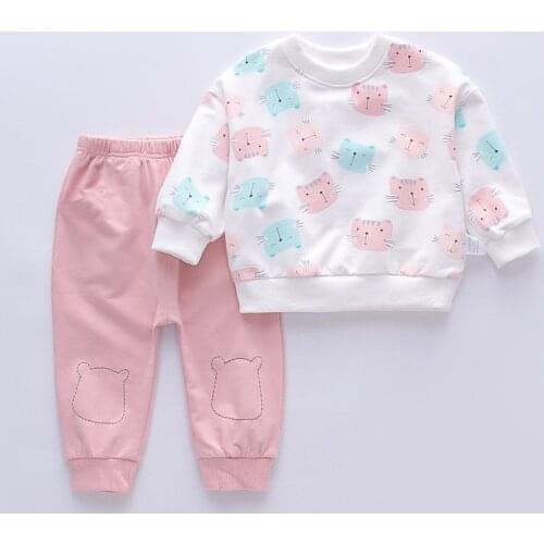 1-4 Years Old Baby Girl Casual Clothing Sets Toddler Kids Catoon Cat Printing Sweatshirt Tops Pants 2Pcs Clothes Spring Costume