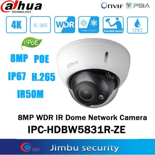 Dahua 8MP WDR IR Dome IP Camera IPC-HDBW5831R-ZE IP67 IK10 PoE H.265&H.264 2.7mm ~12mm motorized lens IR50m Micro SD card memory