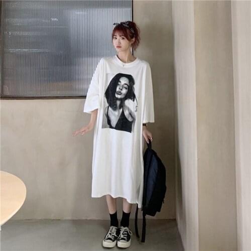 Cartoon Print O-Neck Short Sleeve Harajuku Kawaii Homewear Casual Long T-shirt Dress 2021 Korean Loose womans clothing Big Size