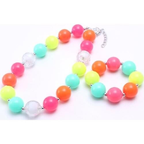 MHS.SUN Cute Bright Neon Color Kids Chunky Beads Necklace Bracelets Girls Children Chunky Beaded Jewelry Set For Party Gift