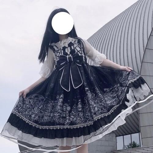 Lolita Dreamland Amusement Park Gothic Style JSk Dress Female Summer 2021 Girl Vintage Ruffle Lace Bow Sling Dress Kawaii Dress