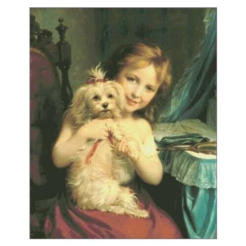 A Young Girl with Bichon Frise Clear Picture Top Quality Cross Stitch Kits 14CT Unprinted Embroidered Handmade Art Set Decor