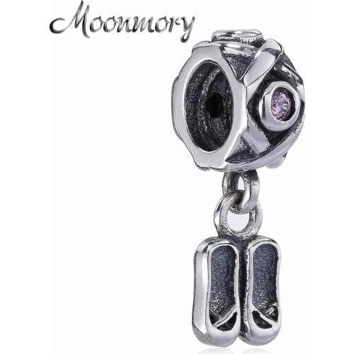 Moonmory shoe shape 925 Sterling Silver Pendant Dangle charm With Pink Zircon Fit Brand Bracelet DIY Accessory Jewelry Bead