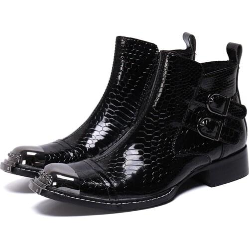 British Buckle Men Formal Ankle Boots Zipper Metal Square Toe Party Leather Boots Fashion Business Short Boots Male Shoes Black
