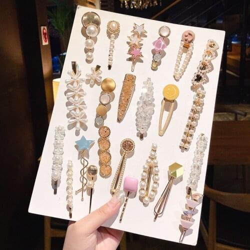 Rhinestone Pearl Hairpin Female Korean Ins Sen Side Clip Headdress Net Red Girl Sweet And Cute One-word Clip Hair Accessory Set