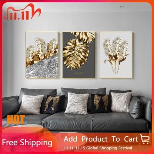 Nordic Golden abstract leaf flower Wall Art Canvas Painting Black white feathers Poster Print Picture for Living Room Decor