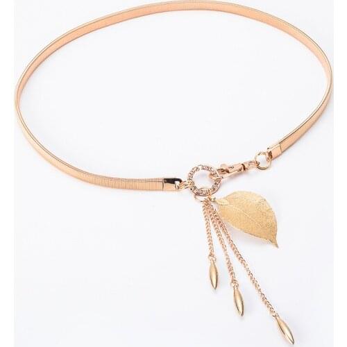 New 2021 Women Leaf Design Belt Metal Leaves Cummerbund Clasp Front Stretch Waistband Elastic Waist Belt Chain Dress Belt BL257