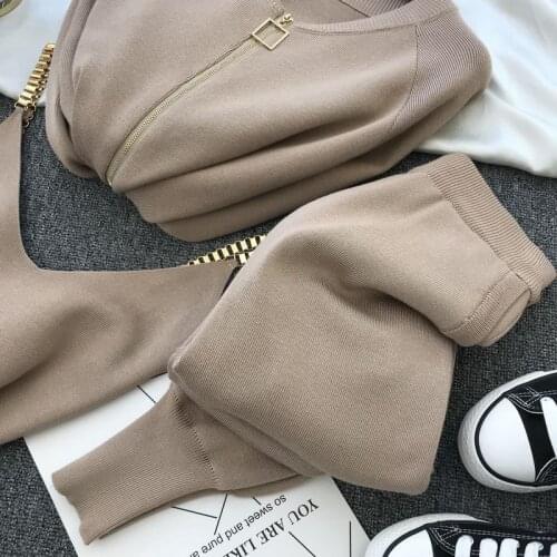 New Autumn Womens Tracksuit Zipper Cardigan + Sexy Vest + Pencil Pants Knitted 3 pcs Sets Casual Sports Women Outfit Fashion