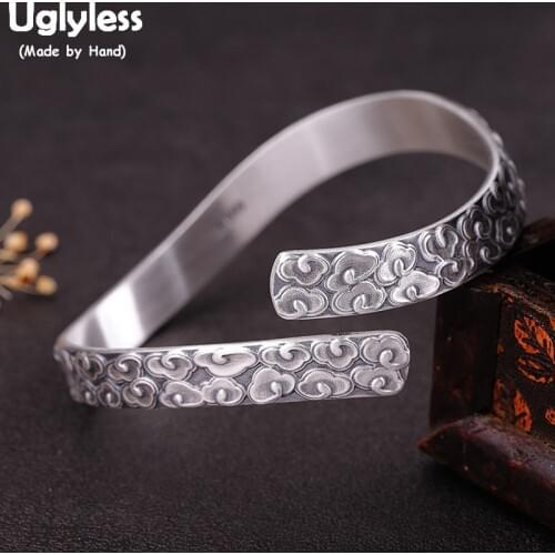 Uglyless Real 999 Silver Open Bangles for Women Creative Curved Open Bangles Vintage Thai Silver Totem Patterns Fine Jewel BA729