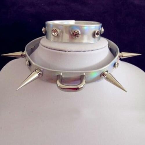 Punk Fetish Gothic Choker 100% Handmade Holographic Laser Collar Long Spiked Spike Rainbow Necklace