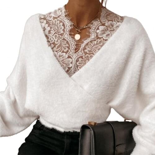 Sexy Women Solid Color Lace Patchwork V Neck Long Sleeve Plush Blouse Pullover Women Clothing женское платье