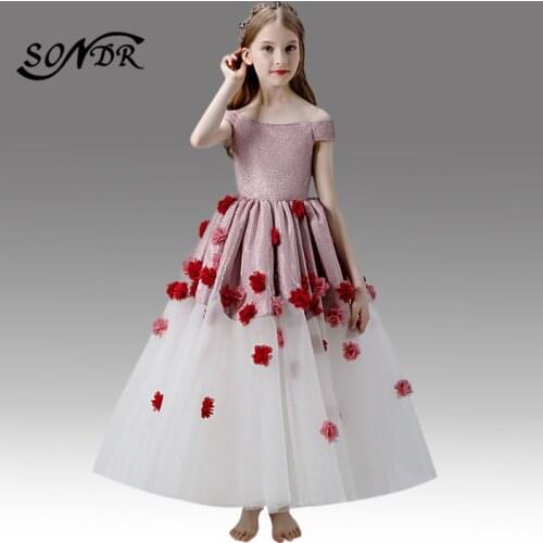 Little Flower Girl Dresses for Weddings Banquet Dress HT076 Elegant Boat Neck Flower Girl Dress Appliques Tulle Kids Ball Gowns
