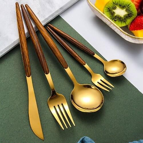 Wooden Handle Stainless Steel Dinner Silver Gold Dinnerware Knife Fork Spoon Cutlery Set Kitchen Tableware Silverware Sets