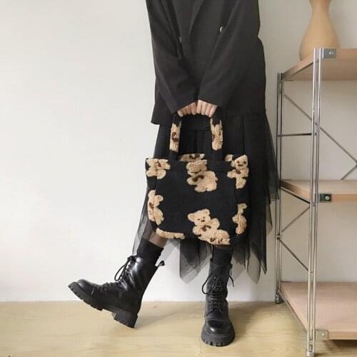 Women Plush Shoulder Bag Warm Cloth Fabric Handbag Soft Canvas Tote Large Capacity Shopping Bags Cute Bear Book Bags For Ladies