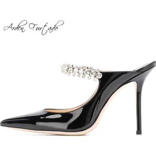 Arden Furtado Summer Fashion 2019 Womens Shoes Pointed Toe Stilettos Heels Sexy Elegant Slippers crystal rhinestone Mules heels