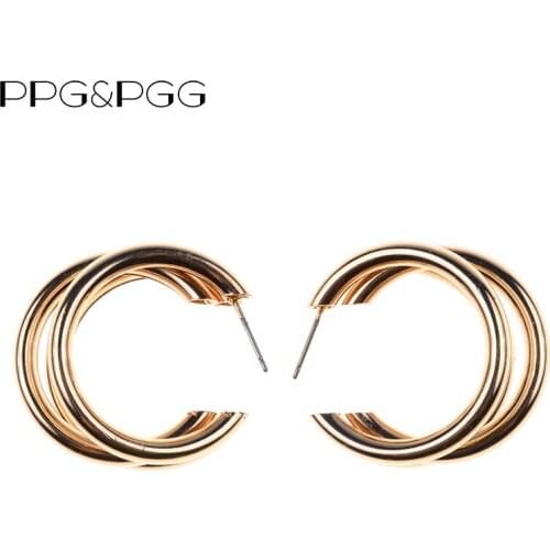 PPG&PGG Unique Metal Stud Earrings for Women Gold Color Geometric Statement Earrings Fashion Luxury Party Wedding Jewelry