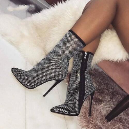 Women Ankle Boots Plus Size 35-42 Rhinestones High Heels Shoes Woman Zip Pointed Toe Sexy Motorcycle Boots For Females