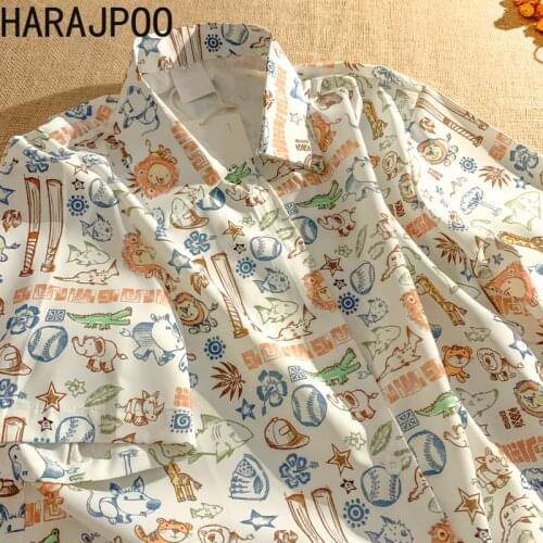 Harajpoo Women Shirts Japanese Retro Full Print Cartoon Blouses Female Summer Loose Cute Short Sleeves Trendy Design Niche Tops