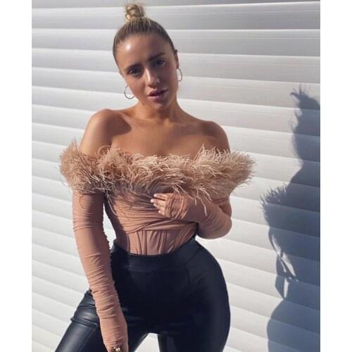 Top Quality Ladies Women Sexy Feathers Lace Mesh Pink Bandage Bodysuit 2021 Ladies Designer Celebrity Club Party Playsuits