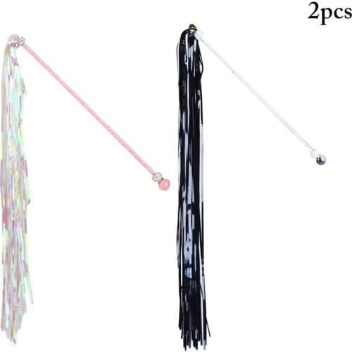 2pcs Pet Cat Teaser Toys Tassel Shiny Wand Cat Catcher Teaser Stick Cat Interactive Toys Rod Mouse Toy with Mini Bell for Cats