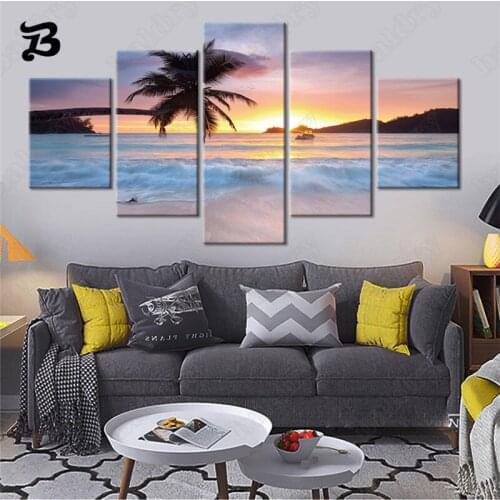 Sea Beach Wall Art Canvas Painting 5 Pieces Canvas Poster Prints Beach Seaside Sunset Mountain View Wall Pictures Home Decor