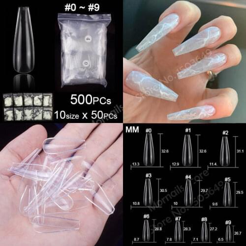 100 Pieces Per Box, 500pcs/Bag Long Coffin Ballerina False Nails 10 Sizes Fake Nails Not Thin Flat Shape Full Cover DIY Acrylic