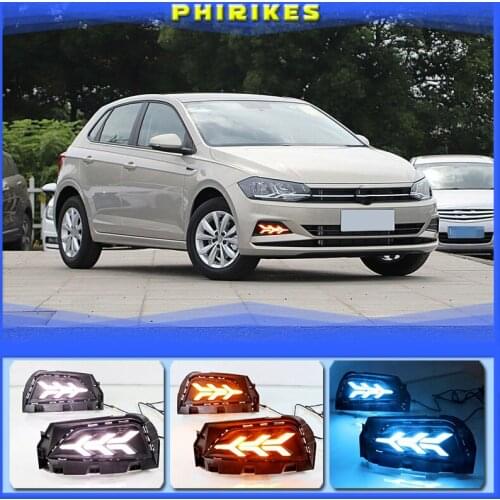 2PCS Car DRL For Volkswagen Polo 2019 2020 LED Daytime Running Light Fog Lamp Sequential Yellow Turn Signal Function