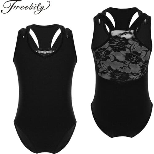 Kids Teens Sleeveless Lace Splice Racer Back Professional Ballet Leotard for Girls Gymnastics Leotard Child Ballerina Bodysuit
