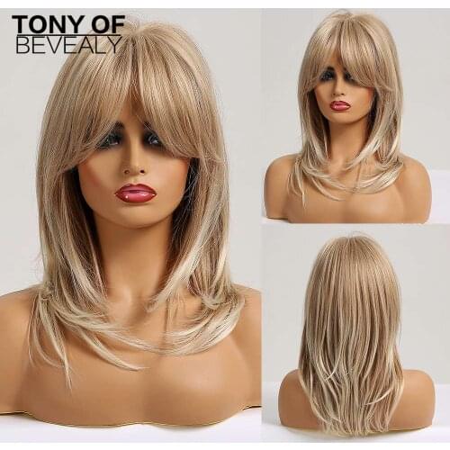 Long Wavy Ash Blonde Layered Wigs With Bangs Heat Resistant Synthetic Wigs for Afro Women Daily Cosplay Natural Hair Wigs
