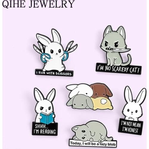 Cartoon Animal Enamel Pins Cat Rabbit Quote Brooches for Women Bag Clothes Lapel Pin Badges Funny Jewelry Gift 2021 Wholesale
