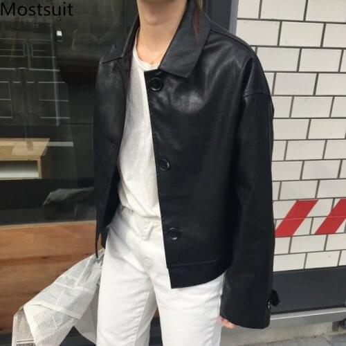 Faux Leather Pu Korean Women Coats Jackets Long Sleeve Single-breasted Cool Girl Tops 2020 Autumn Casual Fashion Ladies Coats