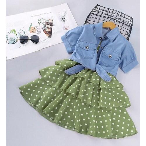 Short Sleeve Clothing Set For Little Girls Sling Dresses And Cowboy Denim Jacket Coat Cool Girl Kids Teenager Child Costume Set