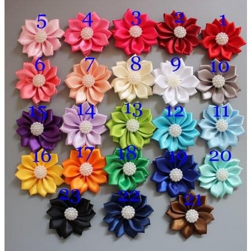 2'' DIY Multilayers Satin ribbon fabric Flower Multilayers Flower WITH PEARLS for headbands hair accessory Kids women 23 COLOR