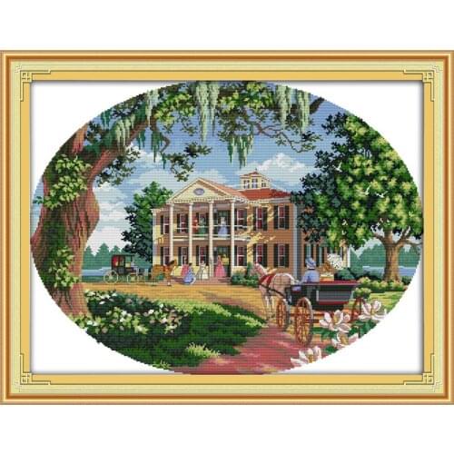 Joy Sunday Southern Manor Scenery Cross Stitch Kits Aida 11ct 14ct Counted and Stamped Embroidery Set Needlework Home Decoration
