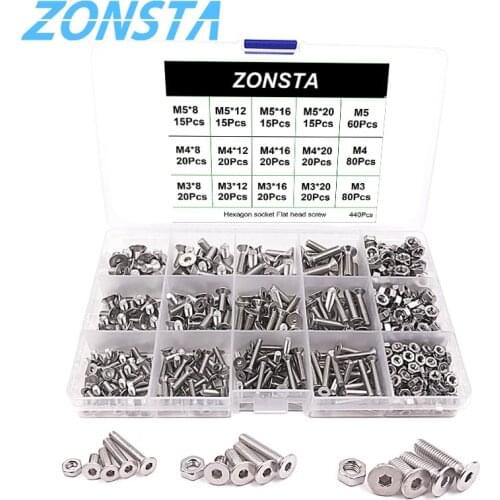 440pcs Allen Key Head Hex Socket Screw Set M3 M4 M5 Stainless Steel Flat Countersunk Head Bolt and Nuts screws Assortment Kit