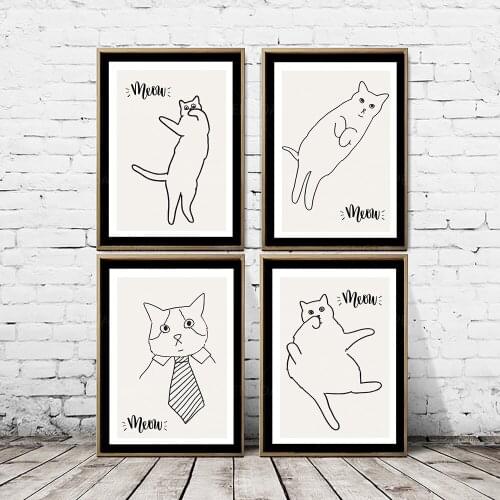 Wall Art Black and White Modular Paintings Lovely Cat Pictures Prints Minimalist Home Decor Hand Drawing Poster Canvas Bedroom