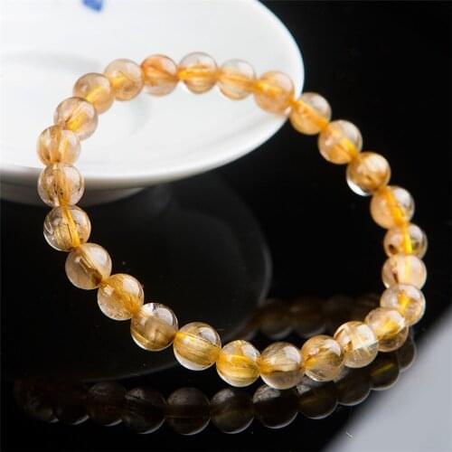 Natural Titanium Gold Rutilated Quartz Bracelet 8mm Crystal Stretch Round Bead Natural Rutilated Quartz Bracelet