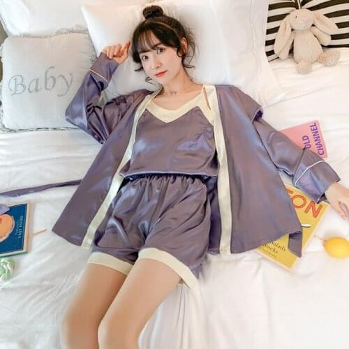 New 3Pcs Pajamas Sets for Women Patchwork Nightdress Bathrobe Sexy Silk Bath Gown Sleepwear Wedding Night Robe with Belt