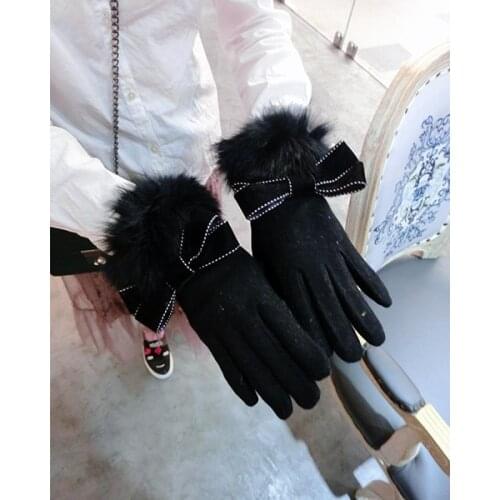 Bowknot Rabbit Fur Mouth Cashmere Gloves Korean Fashion Ladies Winter Warmth Thickening Finger Touch Screen Gloves Women