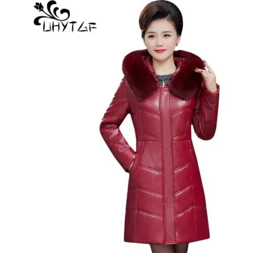 UHYTGF Quality sheepskin winter leather down jacket Parker women fur collar hooded casual female leather coats 7XL Plus size 635