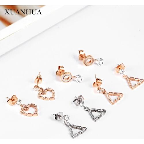 XUANHUA Triangle Heart-shaped Rose Gold Stud Earrings For Women Stainless Steel Jewelry Woman Vogue 2019 Jewelry Accessories