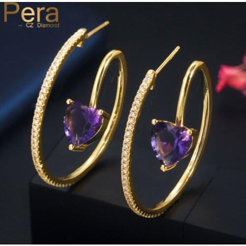 Pera Romantic Purple Love Heart CZ Stone Novelty Snake Shape Big Half Circle Dubai Gold Hoop Earring for Women Jewelry Gift E521