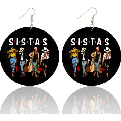 SOMESOOR Black Sisters Fashion Ladies Printed Wooden Drop Earrings Afro Curly Design Vintage Loops Dangle Jewelry For Women Gift