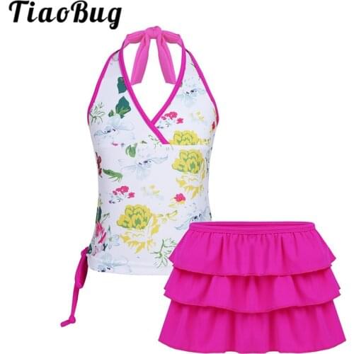 TiaoBug Kids Teens Floral Tankini Swimwear Halter Swimming Tops Shorts Skirt Bikini Set Girls Swimsuit Bathing Suit Beachwear