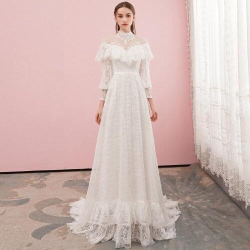 Victorian Lace Long Sleeve Bridal Gown with Train High Neck Vintage Glamour Wedding Dress Custom Made Real Photos 2020 New #3007
