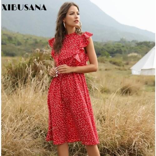 XIBUSANA Summer Red Polka Dot Chiffon Skirt European and American Loose Fashion Wild Slim Slim Sleeveless Cover Belly Long Dress